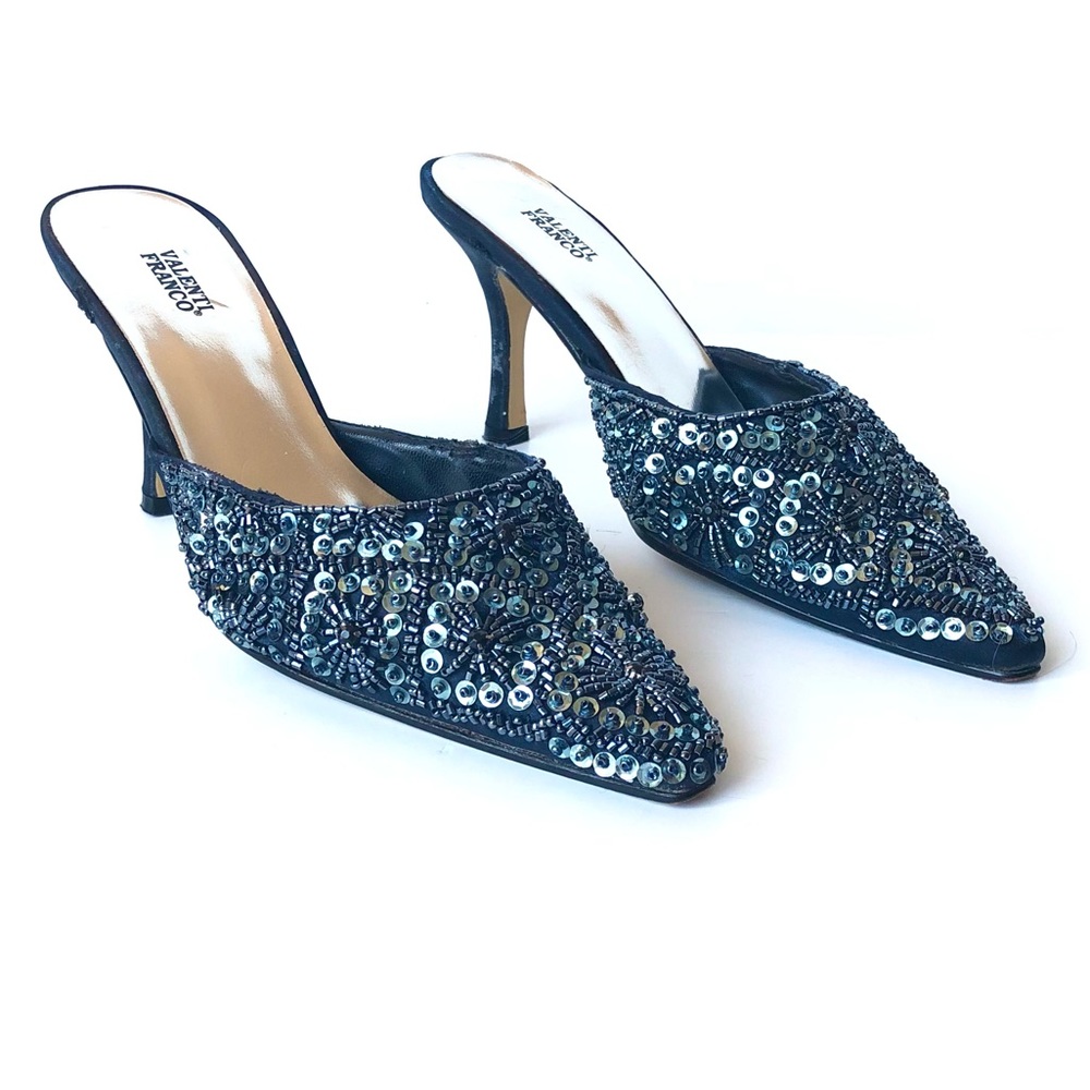 Valenti Franco Ruffles Blue Sequin Mule Heels